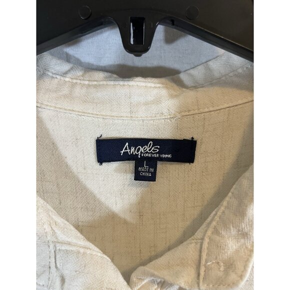 Angels Women’s Large Cream Short Sleeve 1/4 Button Down Rayon Linen Blouse - Picture 2 of 6